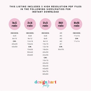 May include: A pink graphic with five circles, each containing a different size ratio for printable files. The ratios are 4x5, 3x4, 2x3, ISO, and 11x14. The text "This listing includes 5 high resolution PDF files in the following sizes/ratios for instant download" is at the top of the graphic. The text "design hart party" is at the bottom of the graphic.