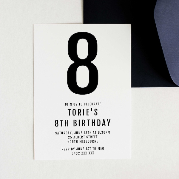 Modern Minimalist Black & White Number Birthday Invitation Template, Editable Printable, Instant Download, Any Age, Gender-Neutral Design Z7