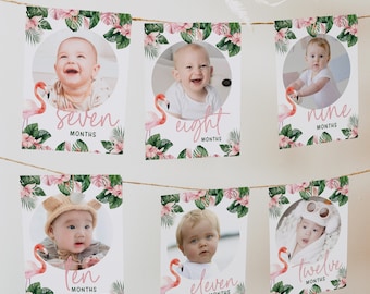 1st Birthday Photo Milestone Banner, Editable Flamingo Tropical Leaf DIY Printable Instant Download Kids Girls Party Decor Monthly Sign Z342
