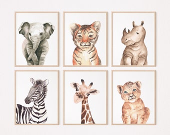 Impresiones de vivero Safari, conjunto de 6 impresiones, arte de la pared de la guardería, decoración de la guardería, impresiones de animales bebés para la guardería, impresiones de animales Safari