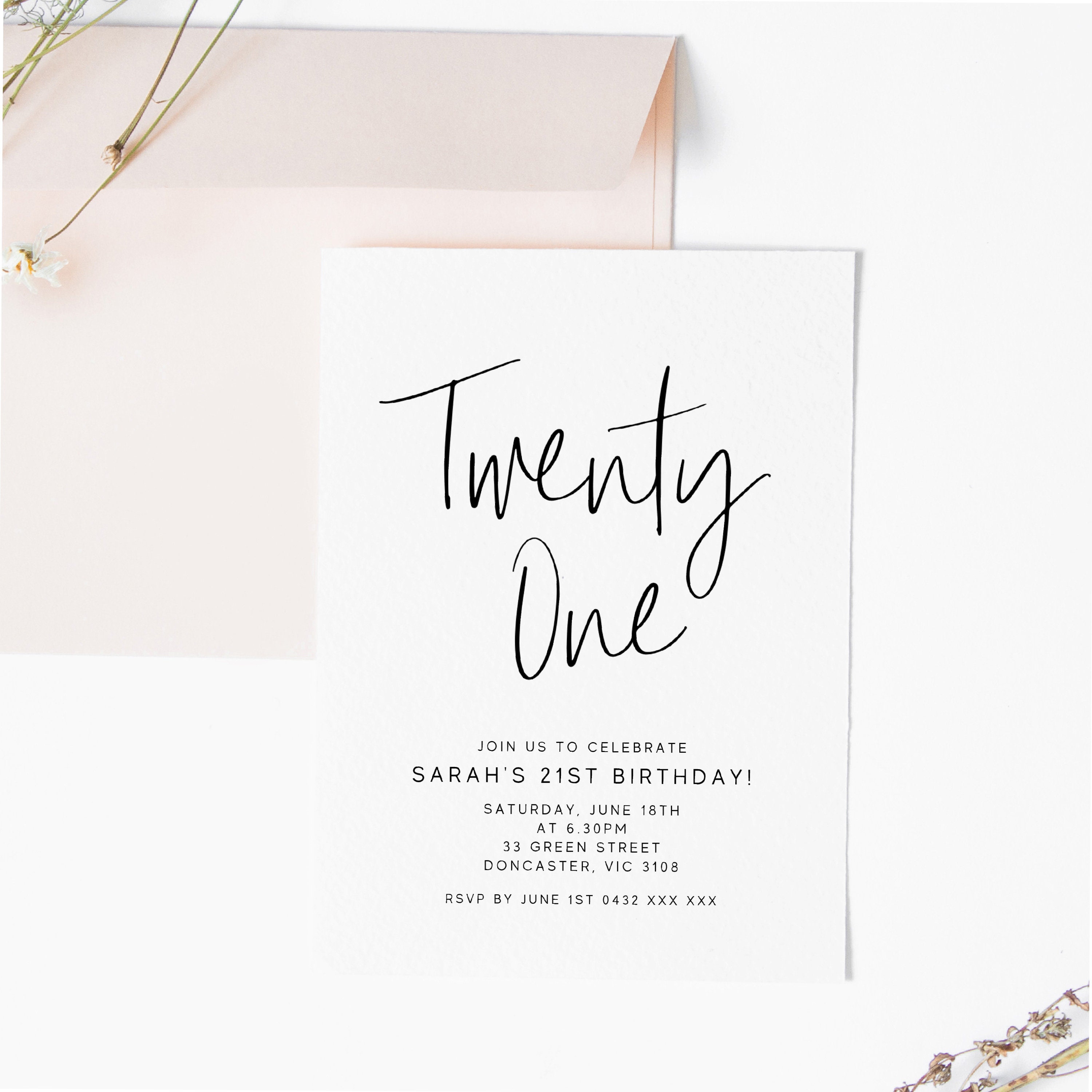 Editable Minimalist 21st Birthday Party Invitation Download - Etsy