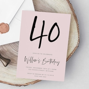 Faire-part d'anniversaire pour femme, minimaliste moderne rose des années 30, 40, 50, 60, script modifiable, imprimable, téléchargement immédiat, bricolage numérique Z135