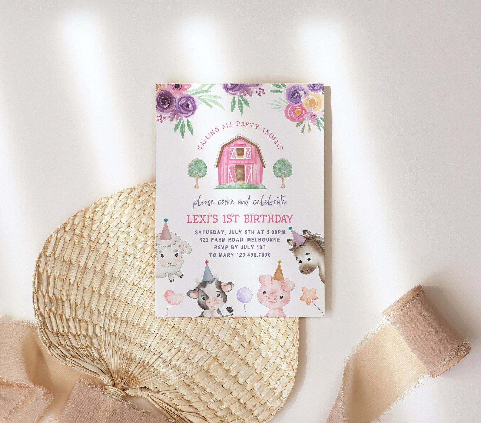 Editable Farm Birthday Invitation, Girl Farm Animals Pink Floral ...