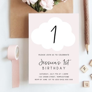 Convite de aniversário em tons pastel, céu nuvem rosa, modelo editável para meninas, faça você mesmo, qualquer idade, download instantâneo, convite para festa infantil Z73