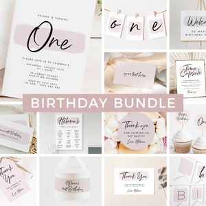 Editable 1st Birthday Invitation Bundle Blush Pink First Birthday Kit Modern 1st Birthday Party Package Printable Templates DIY Party Z28
