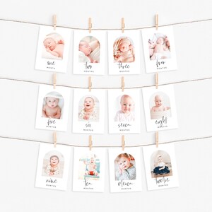 First Birthday Photo Banner 1st Birthday Photo Banner Modern Minimalist Monthly Milestone Photo Cards Gender Neutral Party Decor DIY Z170