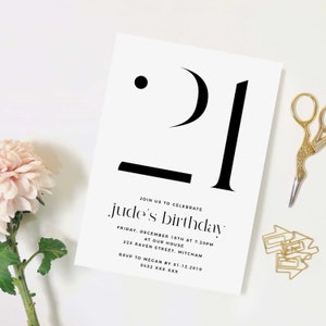 Modern Minimalist Birthday Invitation Template, Editable Printable Instant Download Black & White Monochrome 18th 21st Party Invite Z43