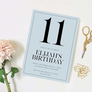 Editable Simple 11th Birthday Party Invitation Download Printable Digital Template Blue Minimalist Modern Men Boys Eleventh Bday Invite Z280