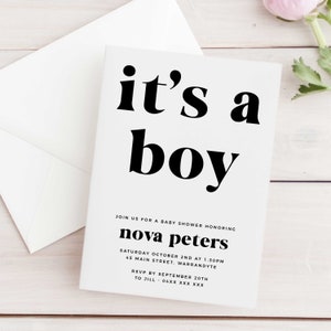 Modern Minimalist Baby Shower Invitation Editable Template, Printable Instant Download Gender Neutral Simple It&#39;s A Boy Shower Invite B66