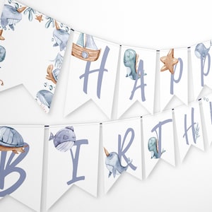 1st Birthday Banner, Under the Sea Editable Printable Instant Download Kids Party Decor Ocean Animals Whale Watercolor Happy Birthday Z329