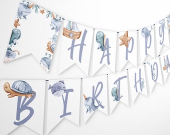 1st Birthday Banner, Under the Sea Editable Printable Instant Download Kids Party Decor Ocean Animals Whale Watercolor Happy Birthday Z329
