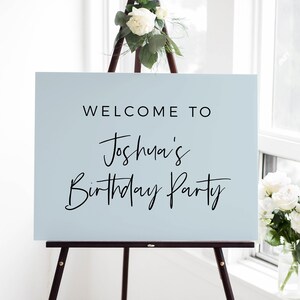 Modèle modifiable de plaque de bienvenue, affiche d'entrée anniversaire garçon minimaliste moderne bleu poussiéreux pastel imprimable téléchargement immédiat bricolage numérique Z135