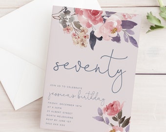 Editable Floral 70th Birthday Party Invitation Download Printable Digital Template Pink Wildflower Elegant Watercolor Flowers Peonies Z14