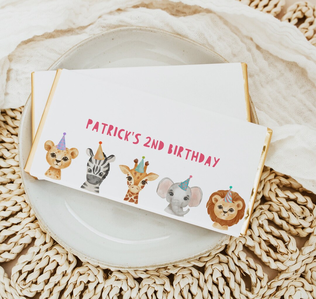Bitrday Gift Rapper Editable Candy Bar Wrapper Template, Party Animals Birthday Chocolate ...