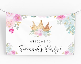 Princess Birthday Banner Backdrop, Printable Editable Template Girl Birthday Party Pink Floral Gold Crown Magical Party Decor Backdrop Z313