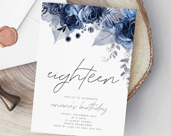 Editable Floral 18th Birthday Party Invitation Download Printable Digital Template Teen Girls Modern Navy Blue Flower Eighteenth Invite Z181