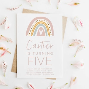 Editable Rainbow 5th Birthday Party Invitation Download Printable Digital Template Pastel Pink Modern Cute Kids Girls Fifth Bday Invite Z9 image 1