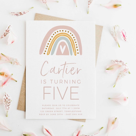 Editable Rainbow 5th Birthday Party Invitation Download Printable Digital Template Pastel Pink Modern Cute Kids Girls Fifth Bday Invite Z9