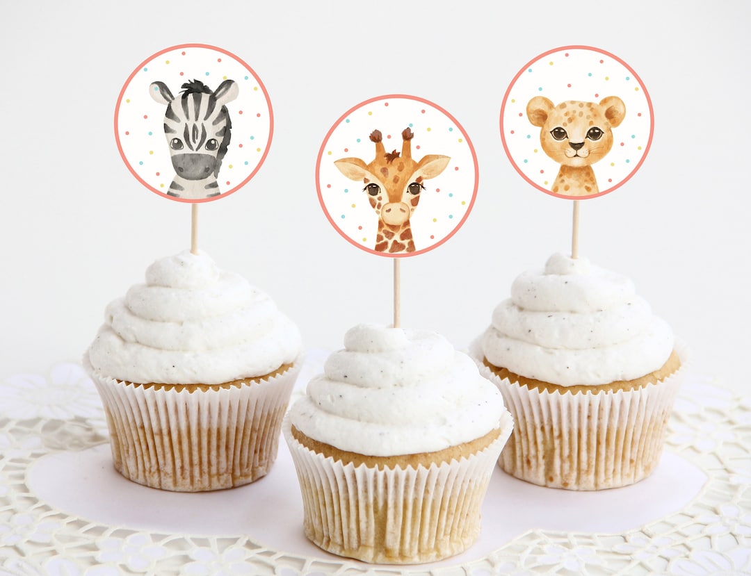 Party Animals Cupcake Toppers, Editable Template Safari Jungle Animals