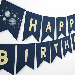 Happy Birthday Banner Outer Space Planets Banner Galaxy First Birthday Decorations Boy Rocket Instant Download Printable Template DIY Z292
