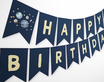 Happy Birthday Banner Outer Space Planets Banner Galaxy First Birthday Decorations Boy Rocket Instant Download Printable Template DIY Z292