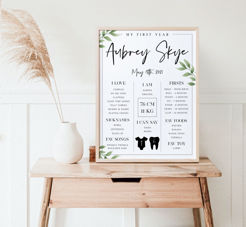 May include: A black and white printable chart for a baby's first year. The chart includes the baby's name, Aubrey Skye, and the date of birth, May 15th, 2021. The chart lists the baby's milestones, favorite foods, and songs. The chart is decorated with green leaves.