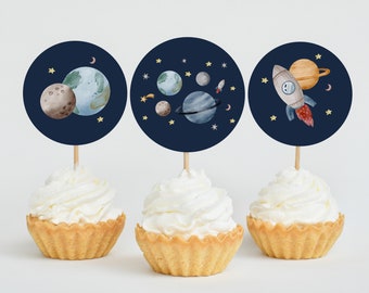 Dekoracje na babeczki na imprezę kosmiczną Rakieta Księżyc Planeta Astronauta Dekoracja na imprezę w kosmosie Dekoracje na babeczki na imprezę w kosmosie Dekoracja na imprezę w galaktyce do druku Z292