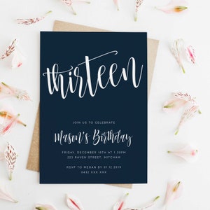 Invitación de cumpleaños para adolescentes, plantilla editable moderna minimalista azul marino imprimible descarga instantánea invitación a fiesta para el 13 14 15 16 Z137