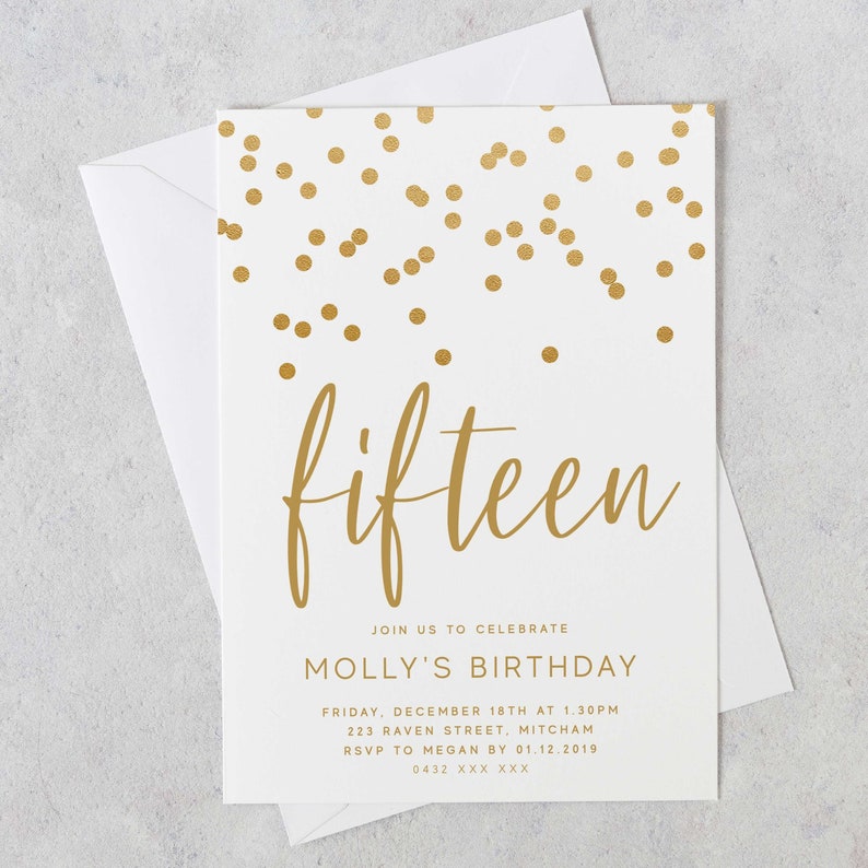 Gold Birthday Invitation, Modern Minimalist Confetti Sparkle Template, Editable Printable, Instant Download Glam Party Invite for Teens Z129 image 1