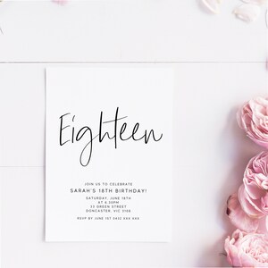 Editable Minimalist 18th Birthday Party Invitation Download Printable Digital Template Modern Black White Boy Girl Eighteenth Invite Z193