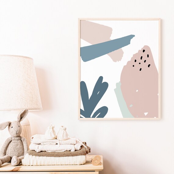 Abstract Wall Art Print, Navy Blue Pink & Green Modern Pastel.