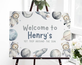 Space Teddy Welcome Sign, 18x24 Editable Printable DIY Instant Download Blue Grey Astronaut Galaxy Planets Boys Birthday Party Poster Z355