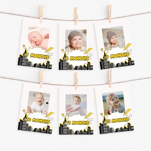 Banner de fotos do primeiro ano de super-herói, aniversário de meninos, marco de quadrinhos, meses 1-12, cartões editáveis DIY, download instantâneo, primeiro ano do bebê Z303