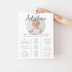 May include: A white poster with black text and a photo of a baby girl. The poster is titled "My First Year" and includes details about the baby's first year, such as weight, height, favorite foods, and songs. The baby's name is Adaline.
