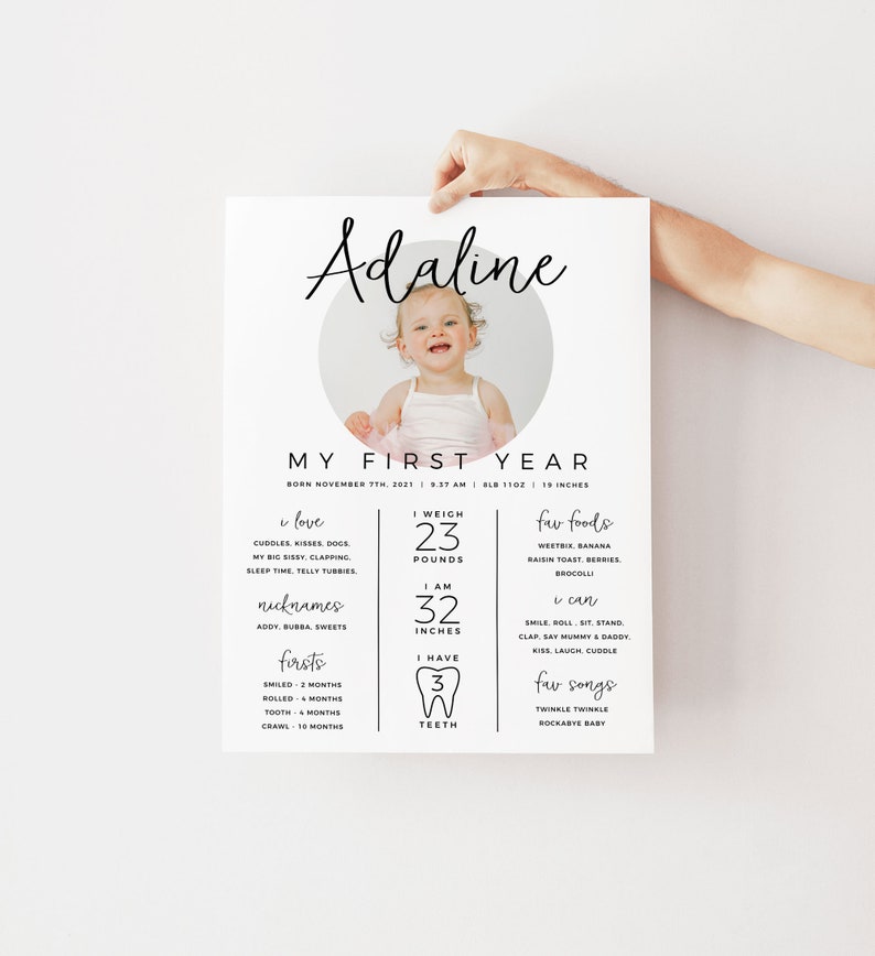 May include: A white poster with black text and a photo of a baby girl. The poster is titled "My First Year" and includes details about the baby's first year, such as weight, height, favorite foods, and songs. The baby's name is Adaline.