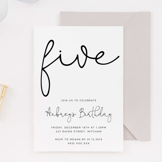 Editable Simple 5th Birthday Party Invitation Download Printable Digital Template Minimalist Modern Black White Boy or Girl Bday Invite Z15