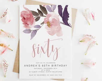 Editable Floral 60th Birthday Party Invitation Download Printable Digital Template Modern Pink Watercolor Wild Flowers Women Bday Invite Z35