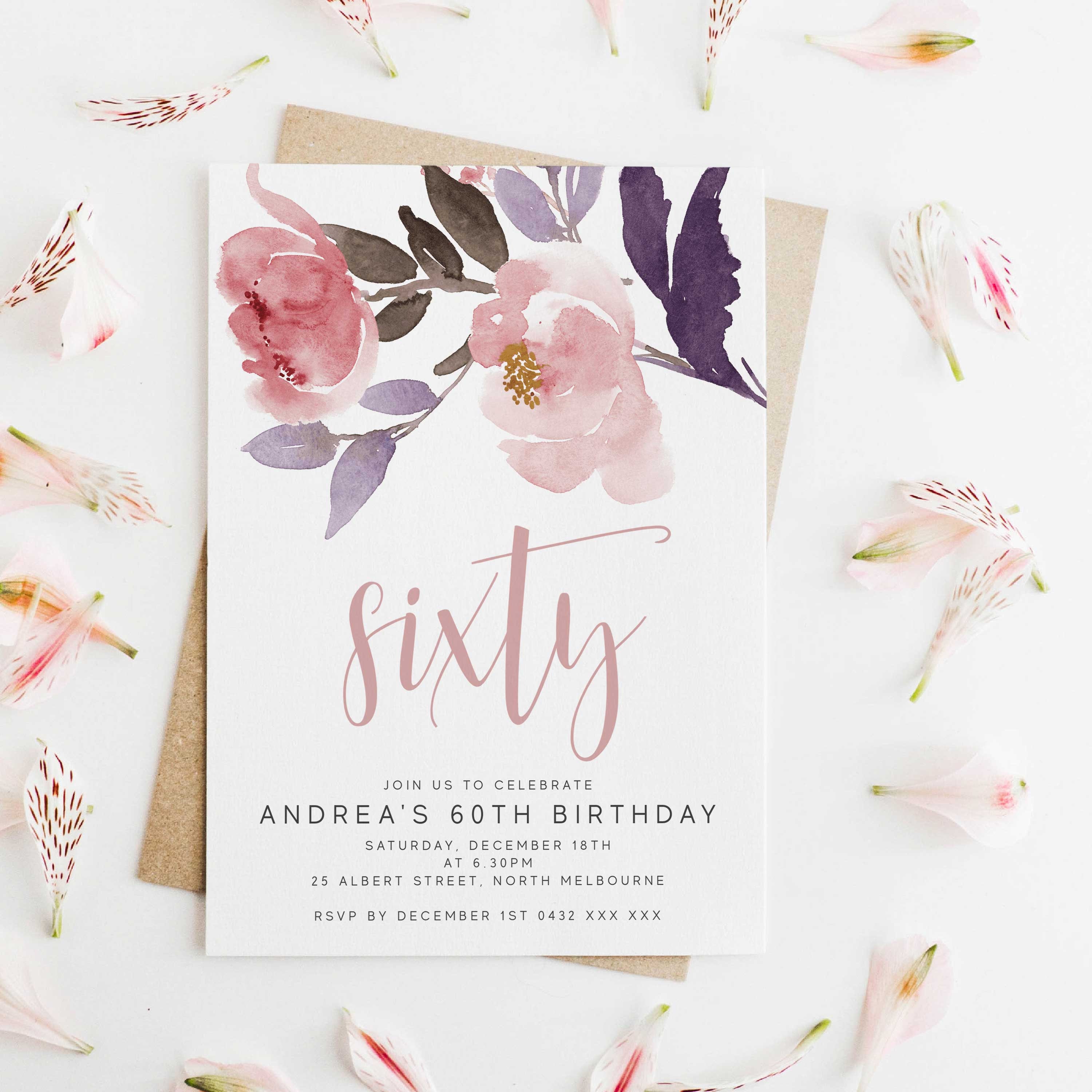 Editable Floral 60th Birthday Party Invitation Download Printable Digital Template Modern Pink Watercolor Wild Flowers Women Bday Invite Z35