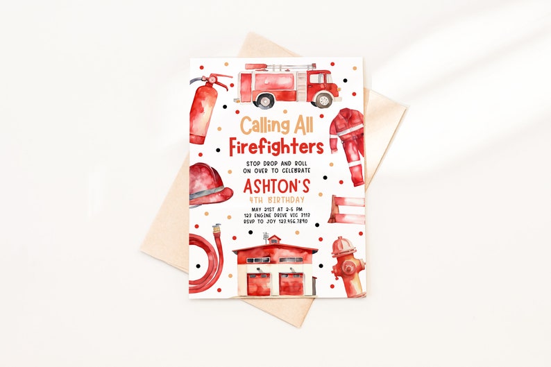 a firetruck themed birthday party with a fireman's birthday card