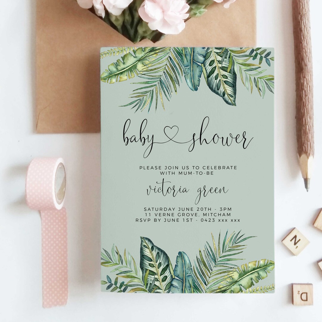 Greenery Baby Shower Invitation INSTANT DOWNLOAD Template Leaf Baby
