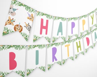 Happy Birthday Banner Garland Template, Safari Animals Pink Wild One Party Animals Birthday Party Zoo Decoration, Printable Digital DIY Z293