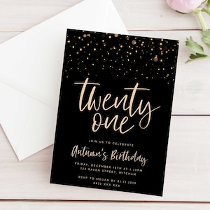 Editable Black Gold 21st Birthday Party Invitation Download Printable Digital Template Rose Gold Sparkly Boy Girl Twenty First Invite Z189