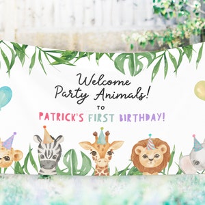 Editable Party Animals Birthday Backdrop Banner, Safari Animals Welcome Sign, Girl Boy Birthday Sign Download, Printable Template DIY Z293