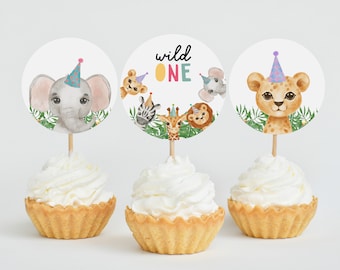 Party Animals Cupcake Toppers, Plantilla editable Safari Jungle Animals Party Decor, Wild One Zoo Animal Favor Tags Imprimible DIY Z293