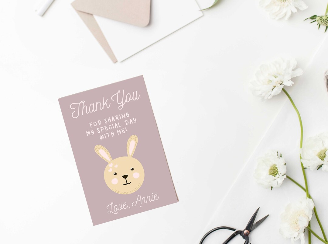 Rabbit Thank You Card, Pink Bunny Girls 1st Birthday Cute Animal ...