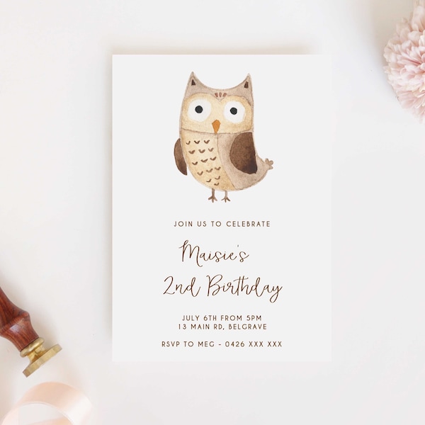 Watercolor Owl Birthday Invitation Editable Template, Printable Instant Download for Modern Kids Animal Themed Party Invite Z19