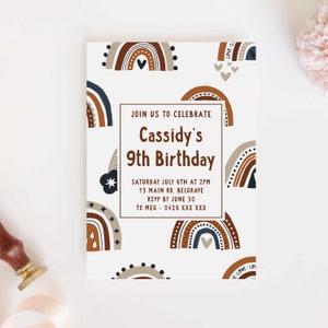 Boho Rainbow Invitation, Editable Template Instant Download Navy Blue Earthy Bohemian 1st Birthday or Any Age Birthday or Baby Shower Z80