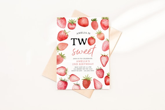 Strawberry Birthday Invite, Two Sweet 2nd Girls Pink Berries Summer Fruit Editable Printable Instant Download DIY Digital Invitation Z357