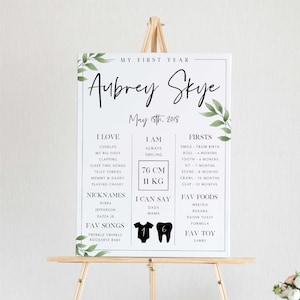 May include: A white poster with green leaves on the top and bottom. The poster is a first year milestone for a baby named Aubrey Skye. It includes details like her birthdate, height, weight, favorite foods, songs, and toys.