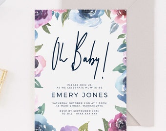 Blush Floral Baby Shower Invitation INSTANT DOWNLOAD Template Its a Girl Invitation Modern Baby Sprinkle Invitation Oh Baby Invite B49